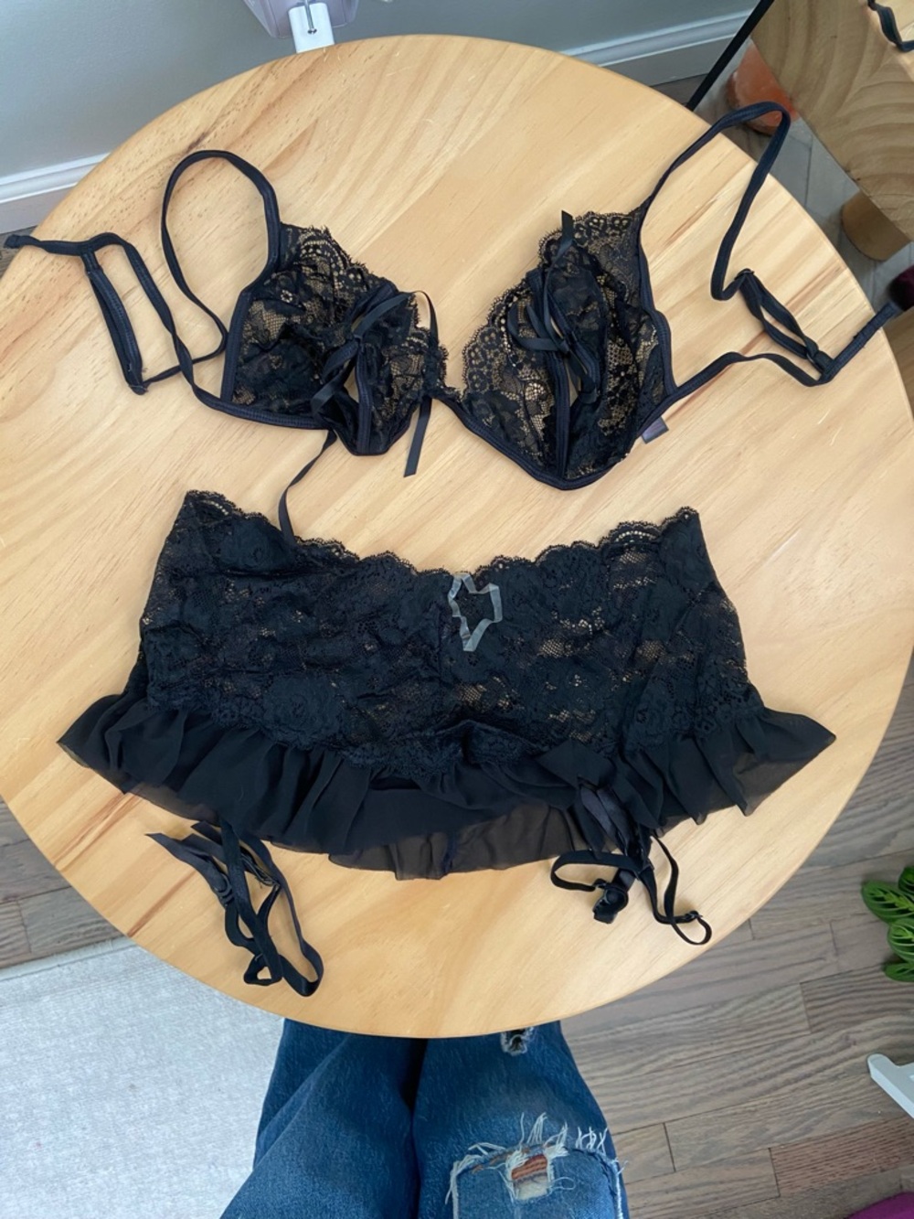 Dreamgirl Black Lace Bralette and Ruffled Garter Skirt Set